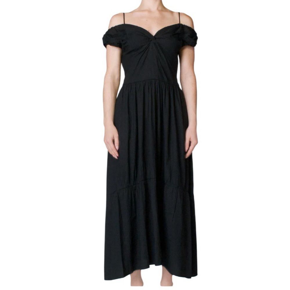 VINCE Black Off Shoulder Twist Front Dress Linen Blend  Full Skirt Size 12 NEW